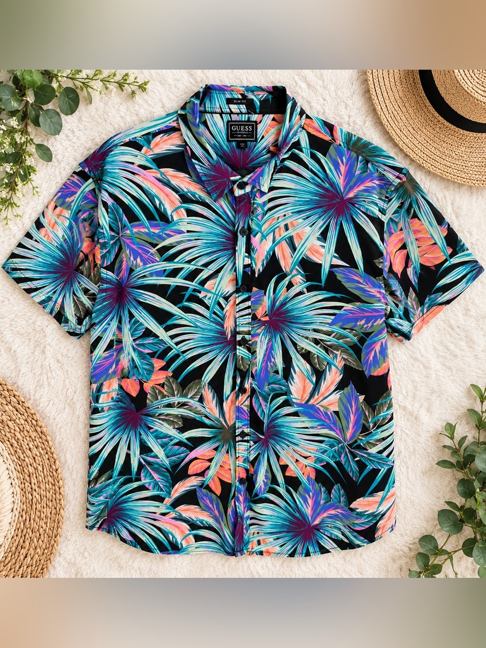 Vintage GUESS Tropical Print Button Up Shirt Slim Fit